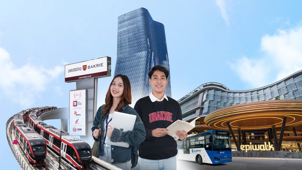 Universitas Bakrie dengan mahasiswa, gedung kampus, dan lingkungan pendidikan modern di Jakarta