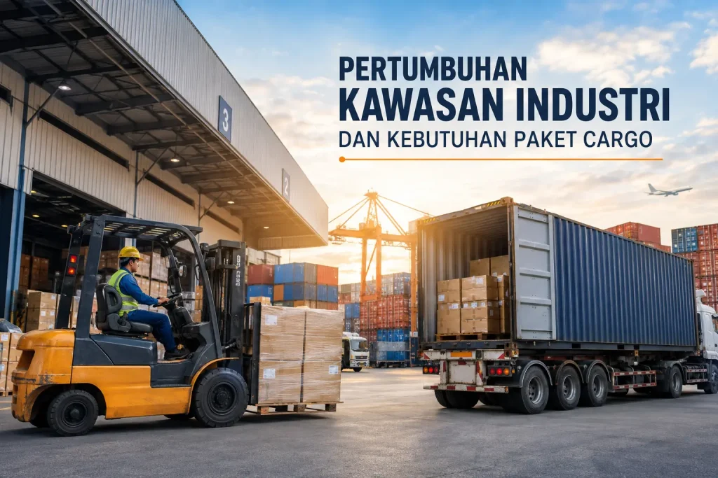 Aktivitas paket cargo di kawasan industri dengan forklift, truk kontainer, dan gudang logistik