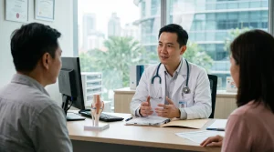 Dokter onkologi di Malaysia sedang berdiskusi mengenai rencana pengobatan kanker dengan pasien