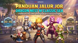 Banner panduan jalur job Dragon Nest M Classic SEA yang menampilkan lima karakter class dasar game di depan latar belakang kastil fantasi, lengkap dengan teks "Panduan Jalur Job Dragon Nest M Classic SEA".